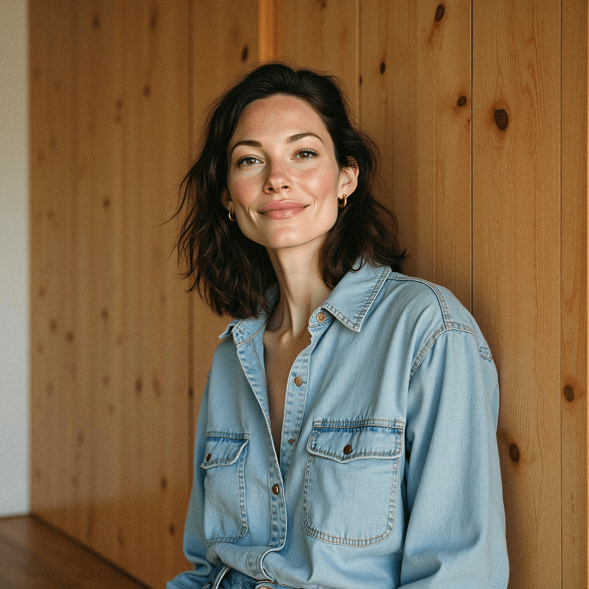 Relaxed Denim Ease Against Wood Paneling
