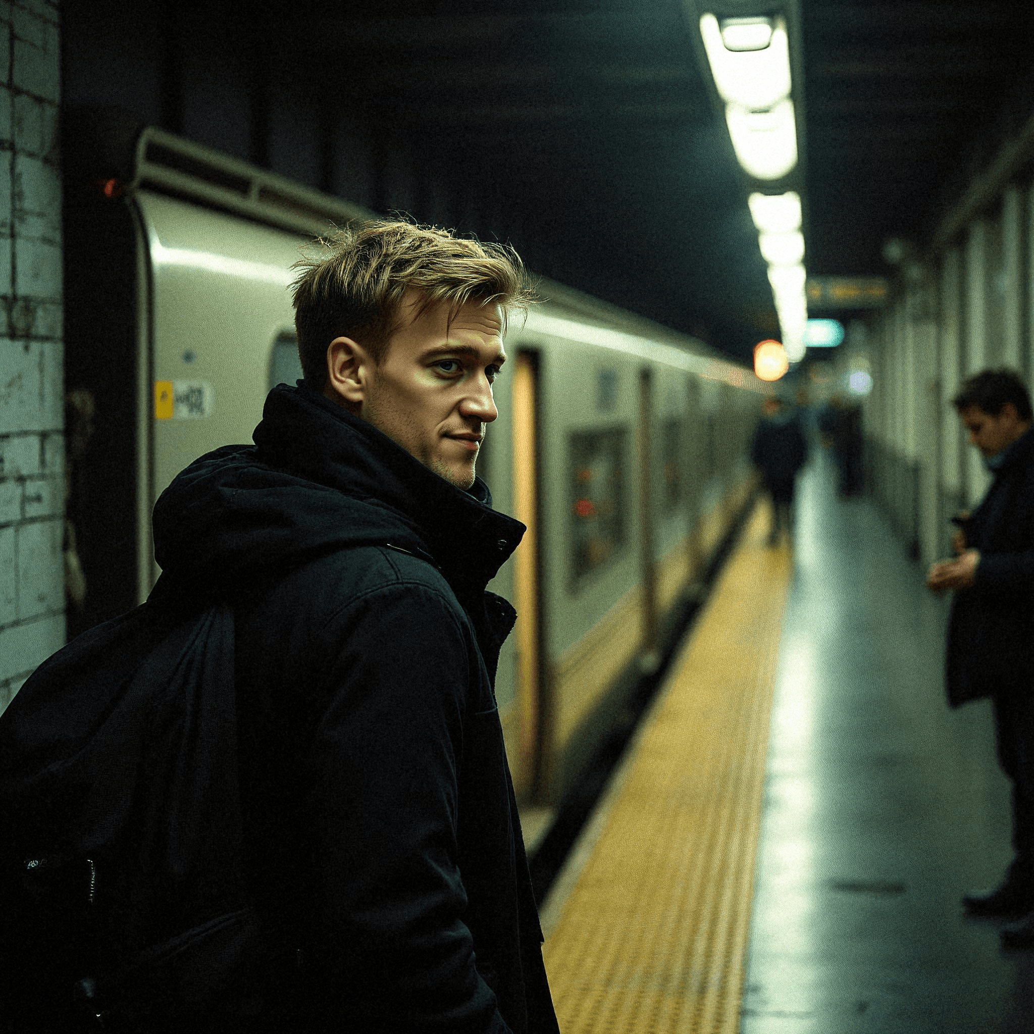 Man waiting on a dim train platform