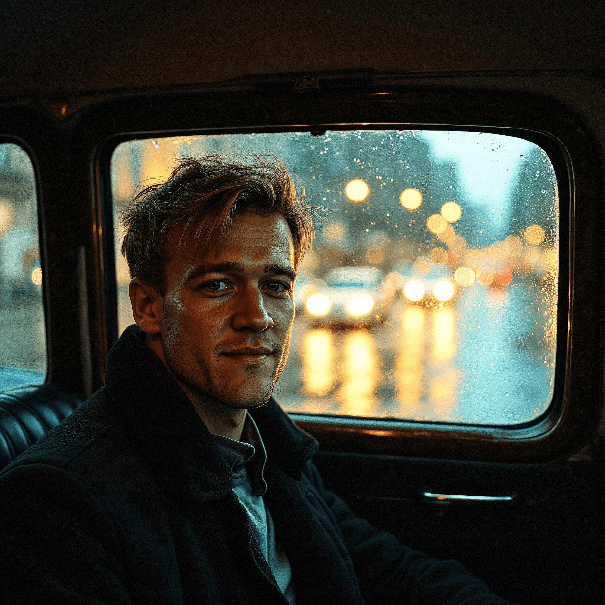 Man gazing out rainy taxi window