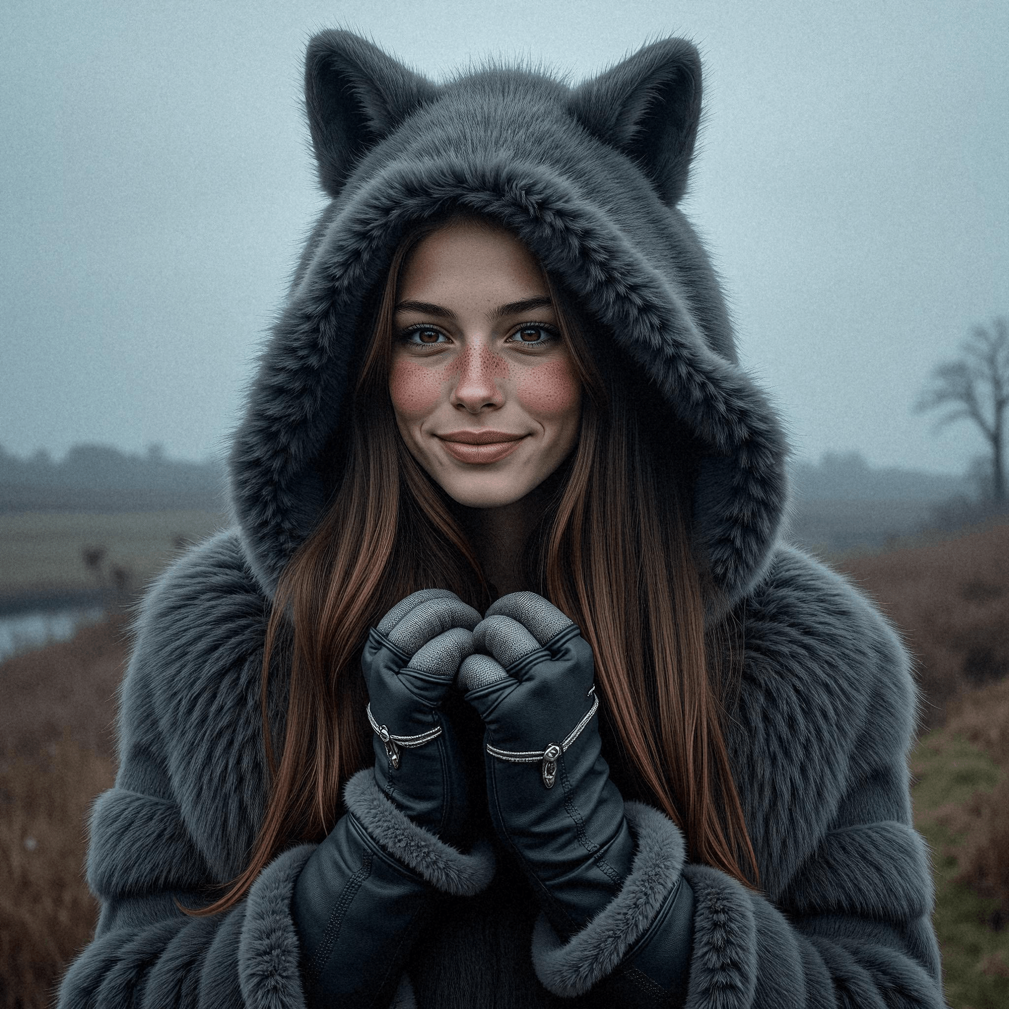 Woman in Fur Cloak on Stormy Moor