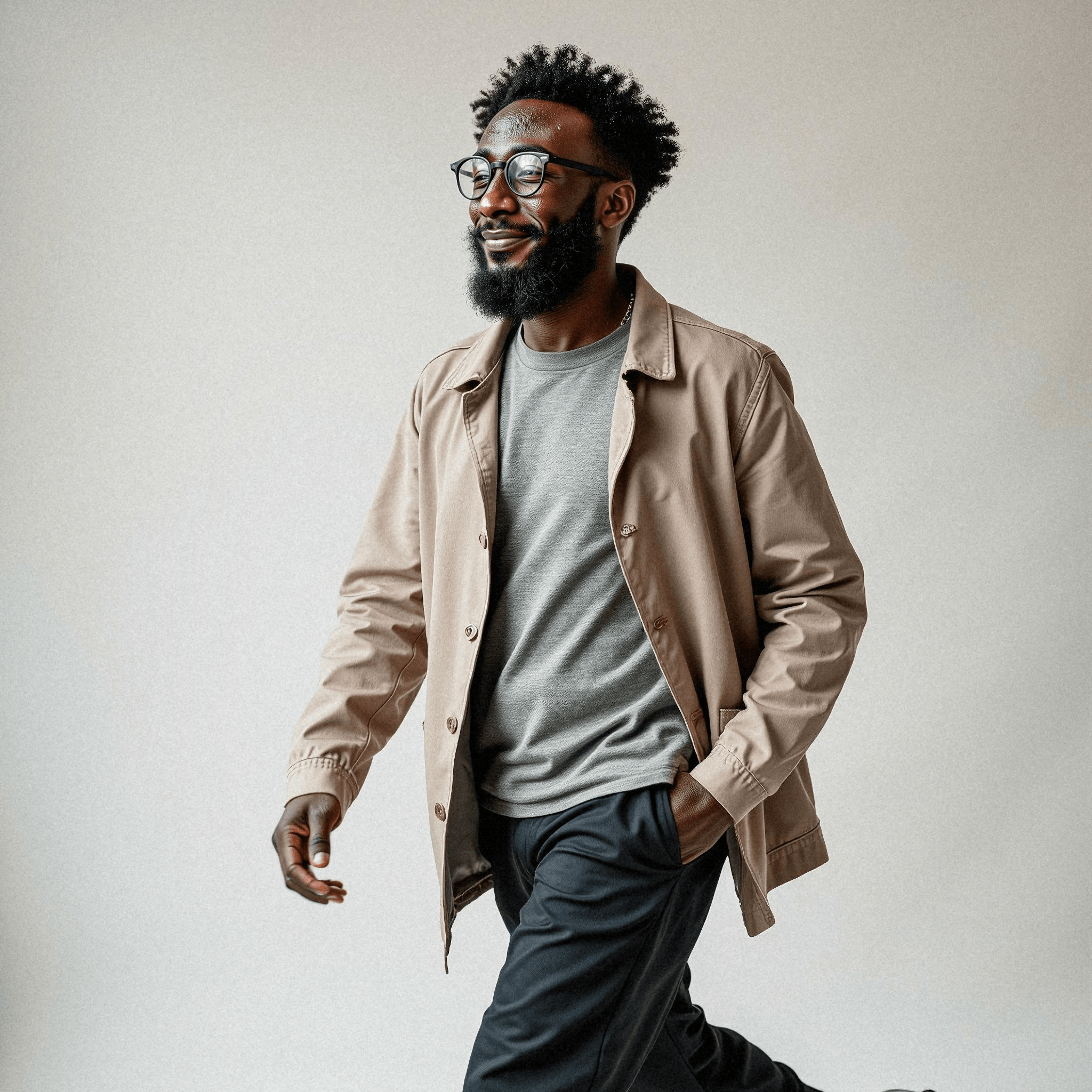 A smiling man in motion