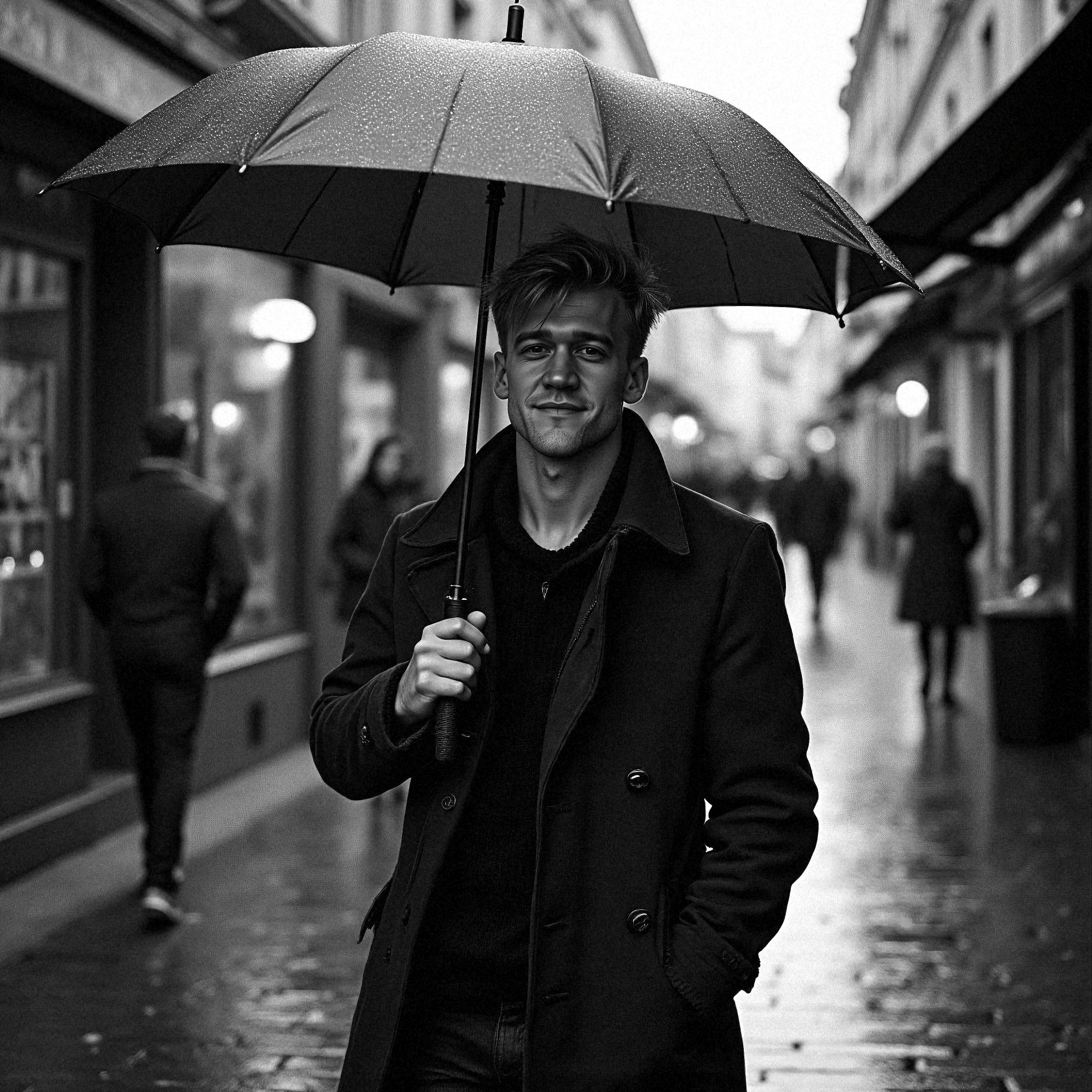 Man walking under umbrella in Le Marais