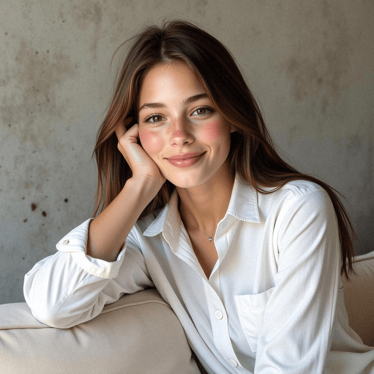 Soft Studio Portrait with Thoughtful Gaze