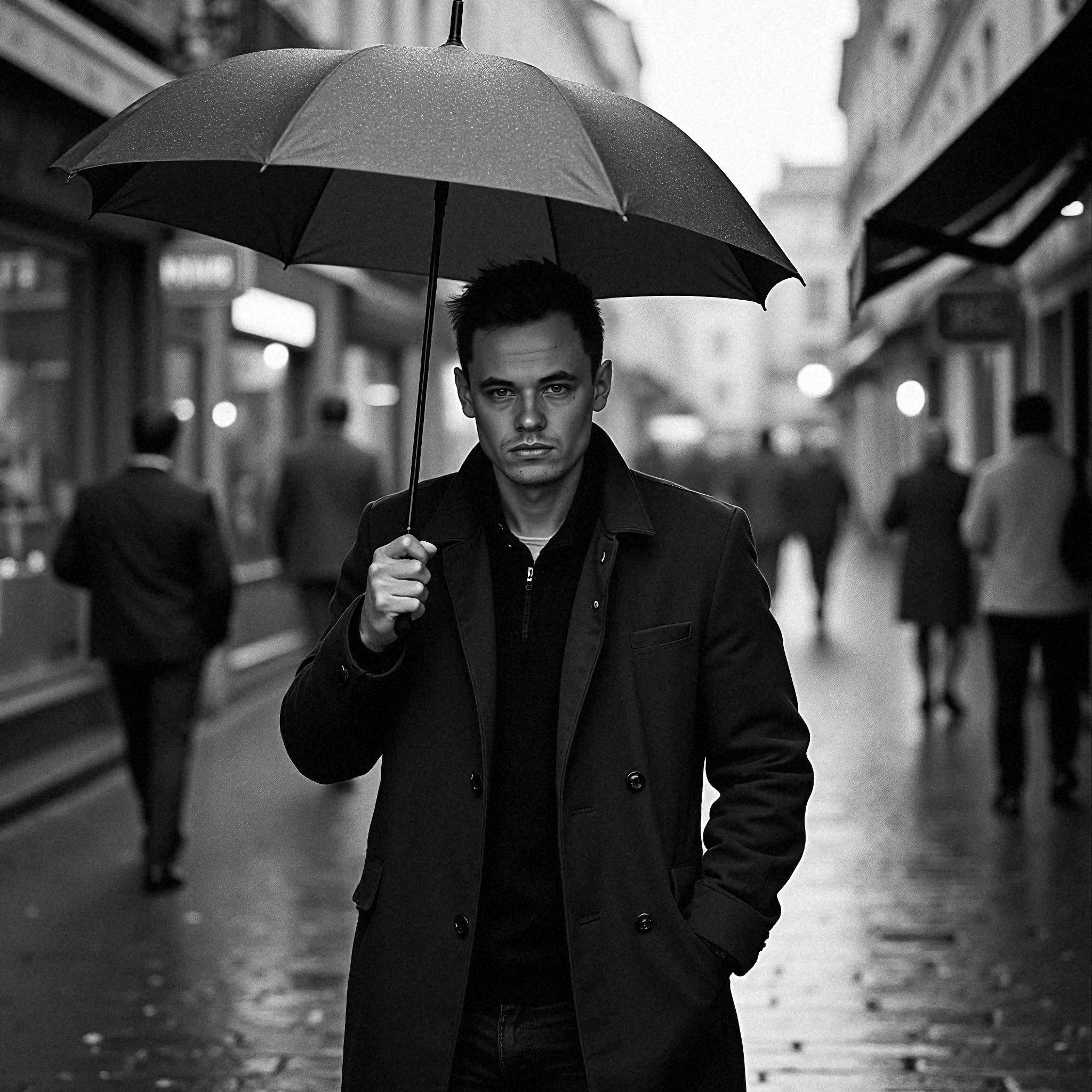 Man with Umbrella on Rainy Street