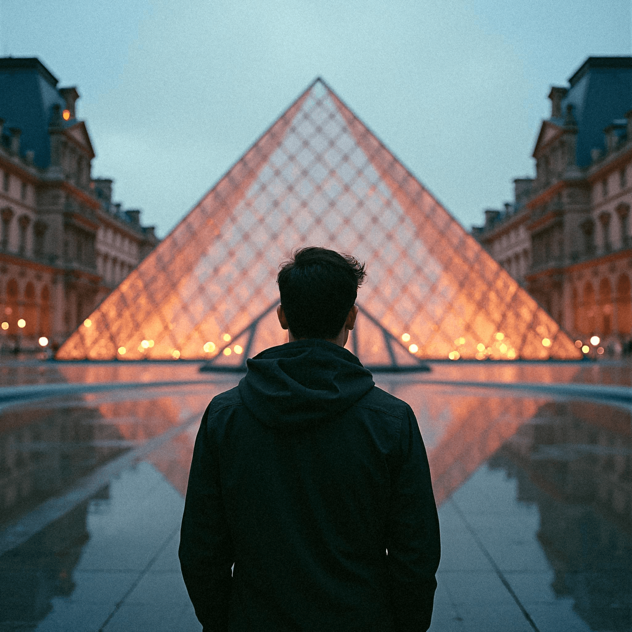 Man Standing Before Glowing Louvre Pyramid