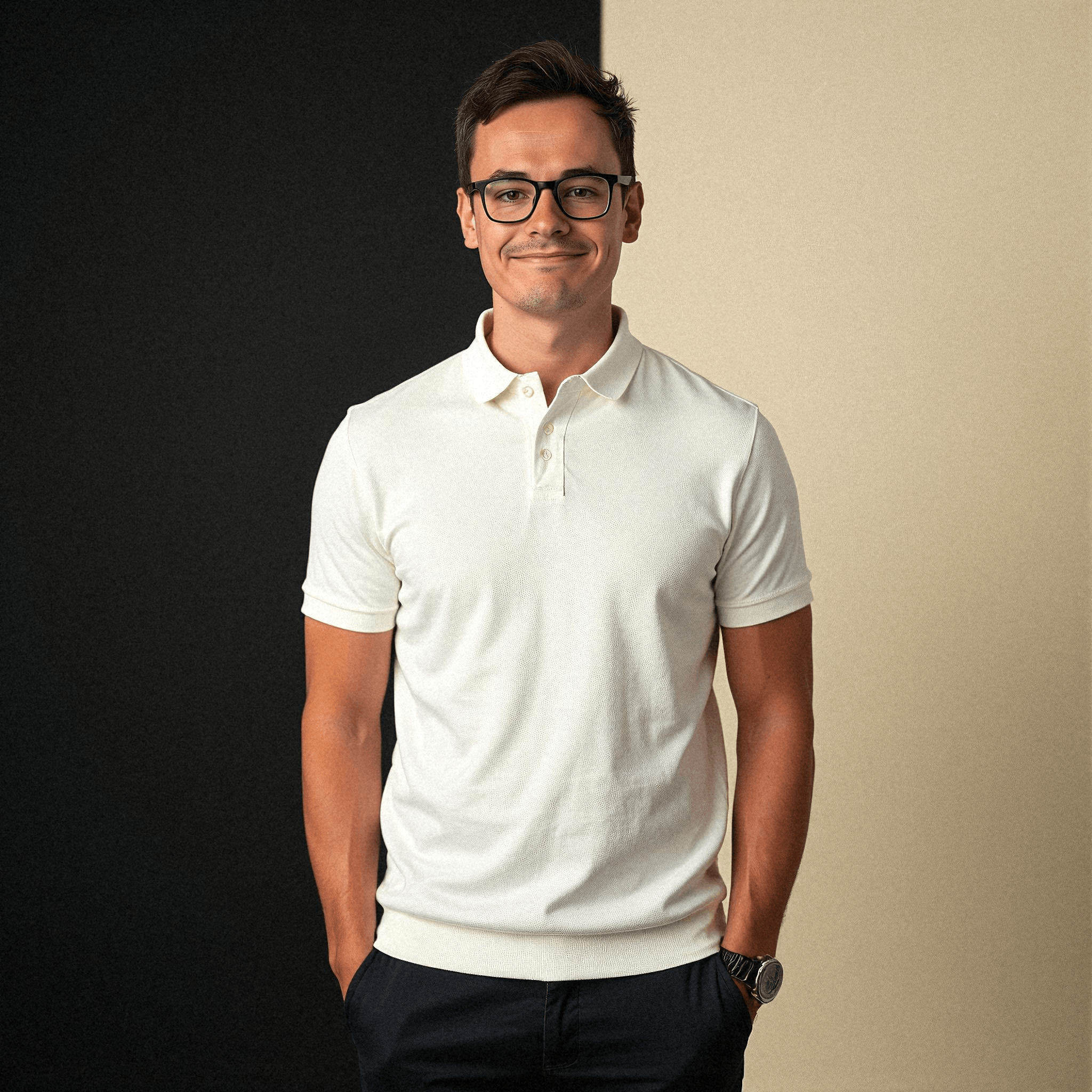 Man in White Polo with Black Wall