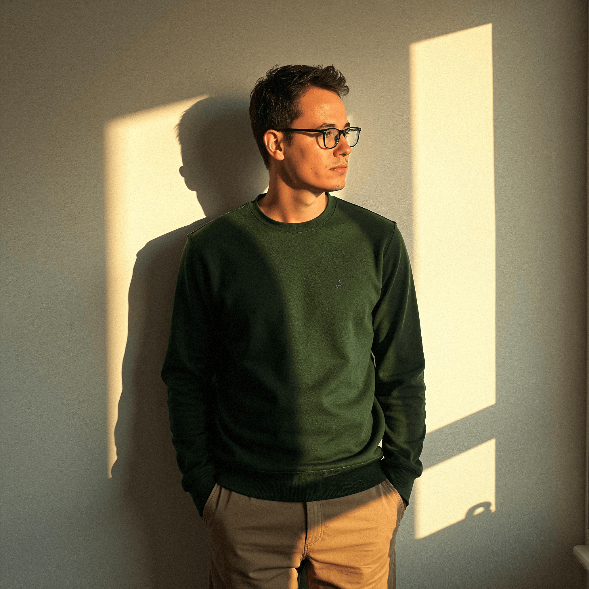 Introspective man in sunlit room