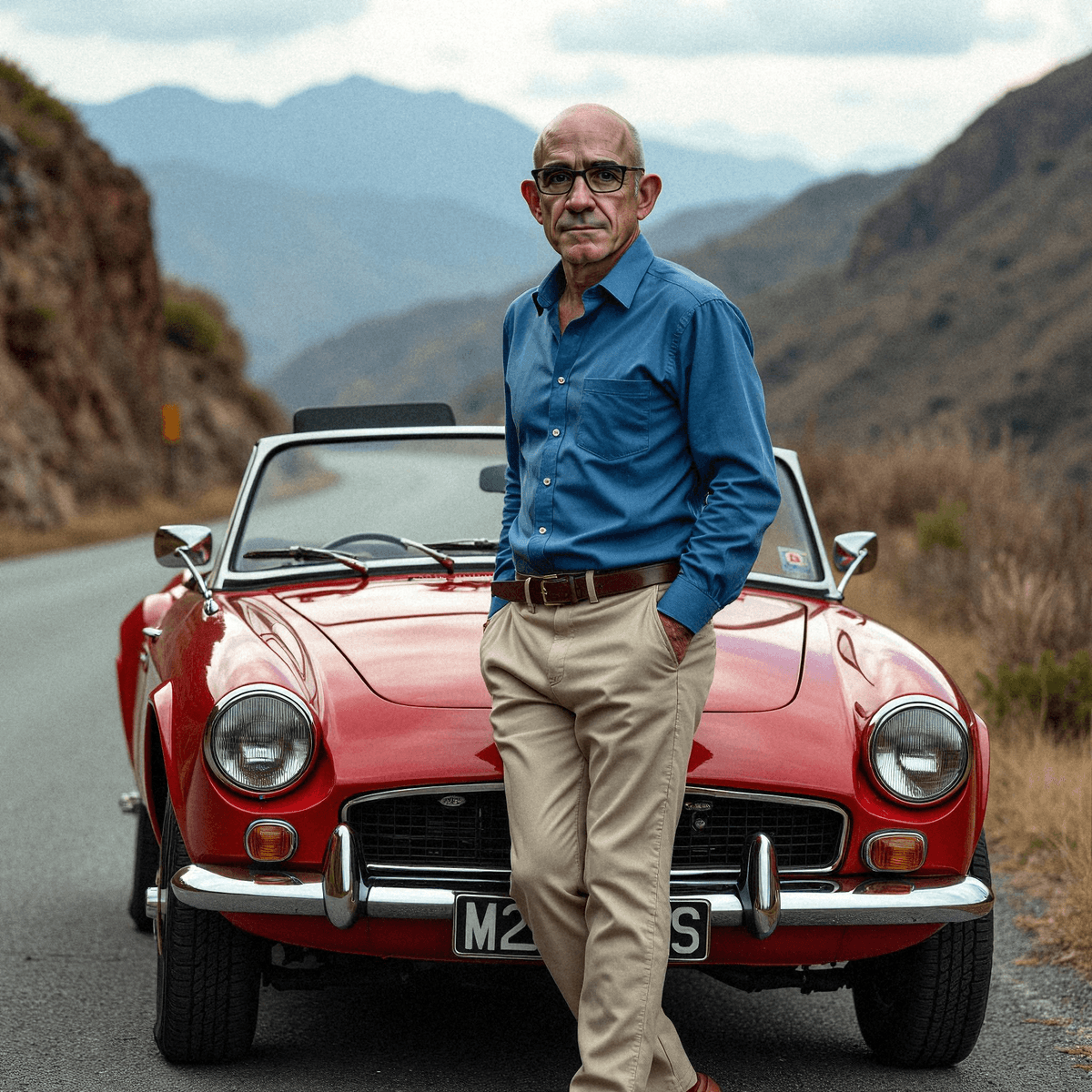 Man Leaning on Red Convertible Roadside